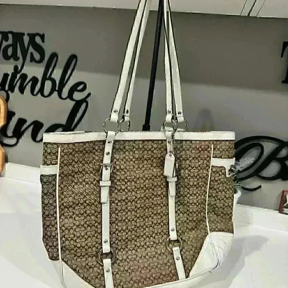 Coach Brown White Jacquard Leather Signature Tote Purse Shoulder Bag - Picture 2 of 10